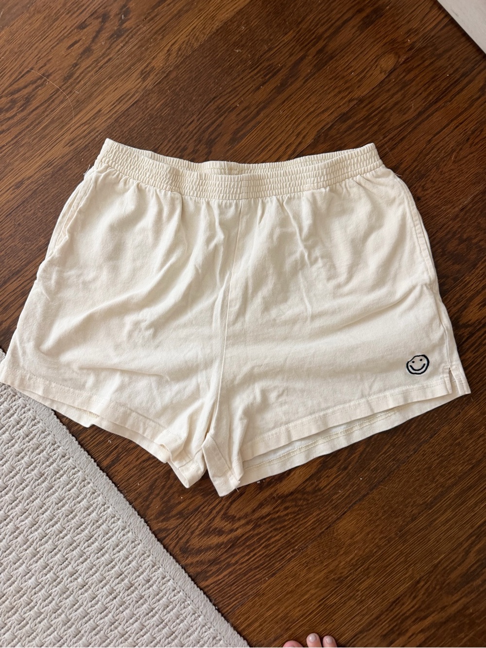 Cream Athletic Lounge Shorts with Smiley Accent